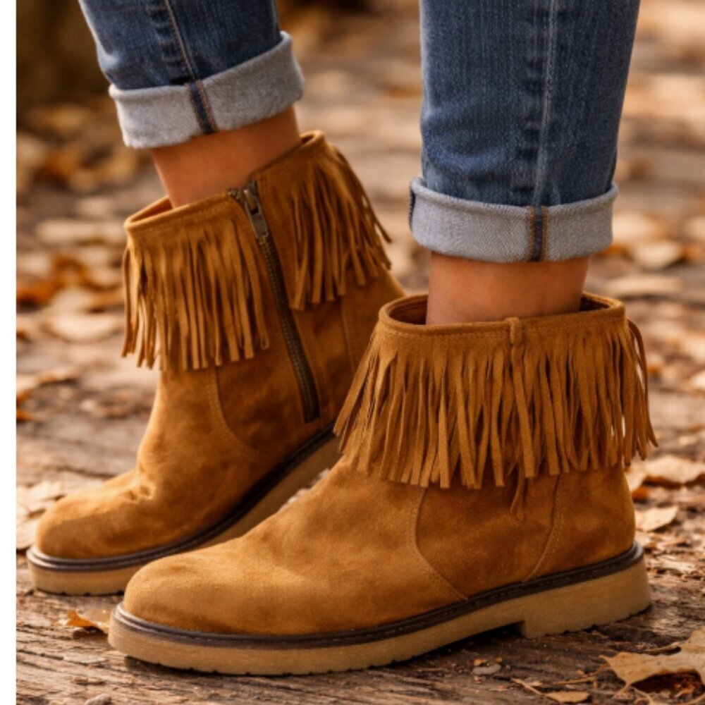 SUNDANCE Fringe Suede Ankle Boots Tan / Cognac Size 8